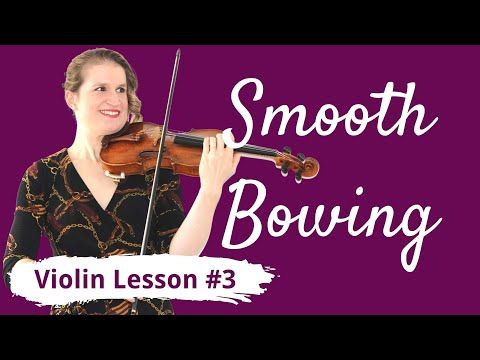 a woman holding a violin with the words smooth bowling written in white on top of it