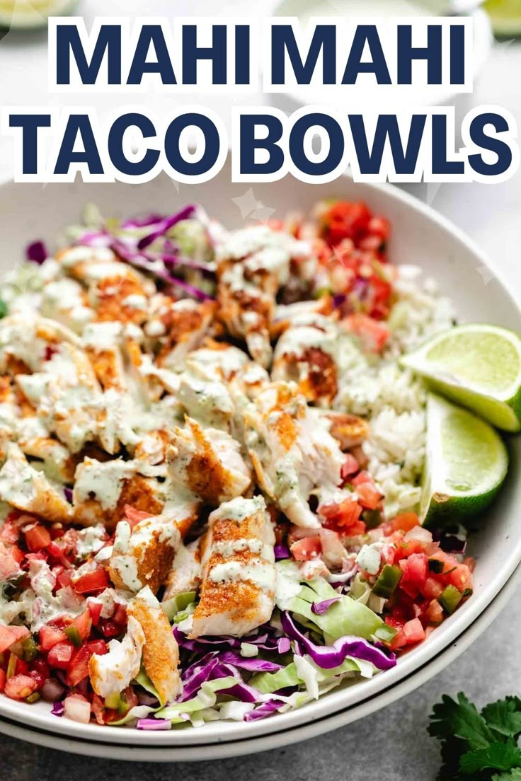 mahi mahi fish taco bowl in a white dish. Air Fried Vegetable Recipes, Fish Taco Salad, Mahi Mahi Fish Tacos, Mahi Mahi Fish, Healthy Fish Tacos, Mahi Mahi Tacos, Mahi Mahi Recipes, Grilled Mahi Mahi, Mahi Fish