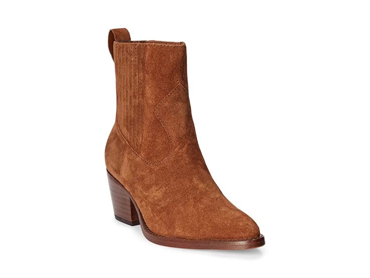 LAUREN Ralph Lauren Racquel Bootie - Women's Boots : Whiskey : The LAUREN Ralph Lauren Racquel Bootie combines velvety suede with a sleek, pointy-toe design to bring a modern spin on Western flair. Ankle-length boots featuring suede upper. Textile and leather lining. Padded insole ensures all-day comfort. Easy slip-on style. Pointed toe silhouette. Pull tabs on the back for easy on and off. Chunky block heel. Durable leather outsole. Imported. Measurements: Heel Height: 1.5 in; Shaft Height: 5.5 Suede Chelsea Boots With Pointed Toe And Leather Sole, Winter Suede Heeled Boots With Snip Toe, Chic Suede Snip Toe Boots, Pointed Toe Chelsea Boots With Suede Lining, Suede Chelsea Boots With Suede Lining For Work, Suede Chelsea Boots For Work, High Ankle Suede Chelsea Boots For Fall, Fall Suede Pointed Toe Boots, Fall Suede Boots With Pointed Toe