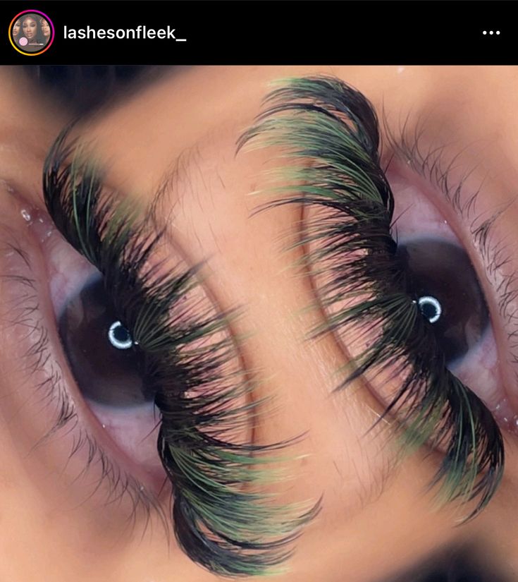 Eyelash Extensions With Green, Green Lash Extensions Styles, Lashes With Green Color, Eyelash Extension With Color, Halloween Eyelashes Extensions, Lashes Color Eyelashes, Mega Volume Lash Extensions With Color, Lash Extensions Styles Color, Lash Color Extensions