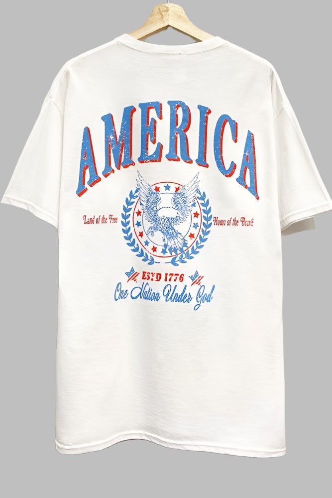 America Graphic T Shirt Americana Graphic Tee, Retro American Flag Print Summer T-shirt, American Retro Graphic T-shirt For Summer, American Retro Graphic Print T-shirt For Summer, Summer American Flag Print Tops For Streetwear, American Flag Print Tops For Summer Streetwear, 4th Of July Streetwear Tops With Graphic Print, 4th Of July Relaxed Fit Screen Print T-shirt, 4th Of July Relaxed Fit T-shirt With Text Print