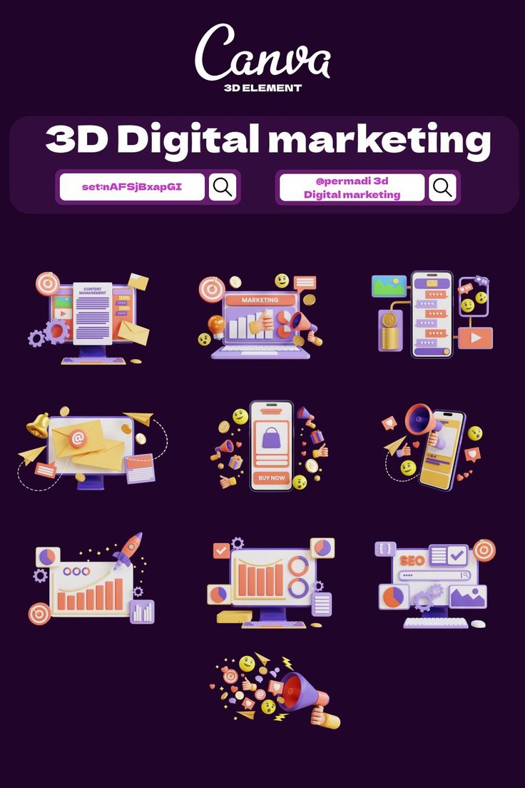 Canva Elements - 3D Digital marketing - set:n Product Sales Design, Canvas Keyword, Canva Free Elements, Poster Infographic, Canva Codes, Ig Feed Ideas, Elements Canva, Gfx Design, Powerpoint Tutorial