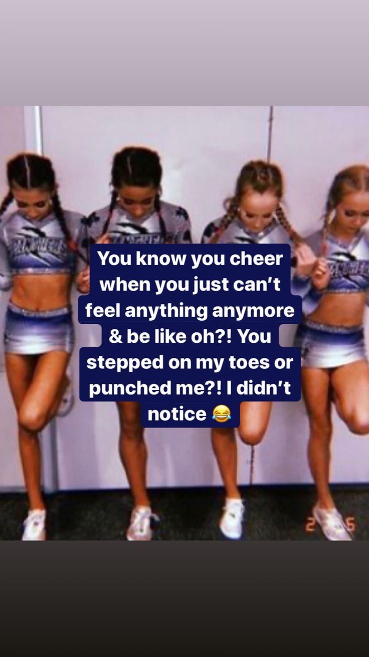 three girls in cheerleader outfits standing next to each other with the caption, you know you cheer when you just can't feel anything anymore