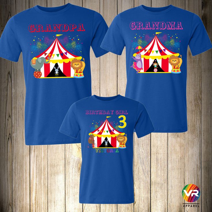 Circus T Shirts THIS LISTING IS FOR ONE SHIRT ONLY DIRECT TO GARMENT PRINTING How to order: Select Size. Select Shirt Color. provide the following information Custom Name: (for Ex. Mommy, Daddy, Brother, Sister, Etc.) (Age will only appear on the birthday boy or girl shirt.) To order multiple shirts you will need to repeat this process and add it to your cart, then you can checkout all at the same time. We use first Quality T shirt pre-shrunk cotton. WE STRONGLY RECOMMEND TO TAKE A LOOK AT THE C Blue Sublimation Print T-shirt For Birthday, Customizable Fun Blue T-shirt, Blue Customizable T-shirt For Family Matching, Blue Sublimation Print Top For Birthday, Ring Master, Grandpa Birthday, Circus Animals, Carnival Birthday, Circus Birthday