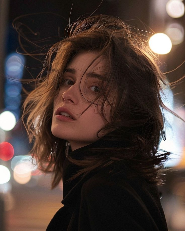 a woman with her hair blowing in the wind on a city street at night time