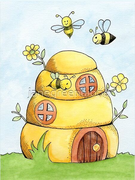 a drawing of a bee house with bees flying around it and flowers in the background