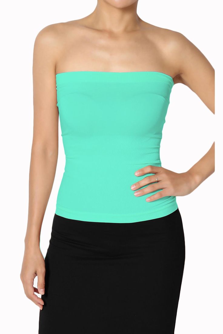 Ellenie Strapless Sealmess Tube Top MINT_1 Spring Stretch Tube Top With Built-in Bra, Stretch Bandeau Camisole With Built-in Bra, Solid Strapless Seamless Tube Top, Solid Seamless Strapless Tube Top, Chic Strapless Stretch Camisole, Strapless Fitted Camisole For Spring, Fitted Strapless Camisole For Spring, Trendy Stretch Tube Top With Built-in Bra, Trendy Stretch Seamless Tube Top