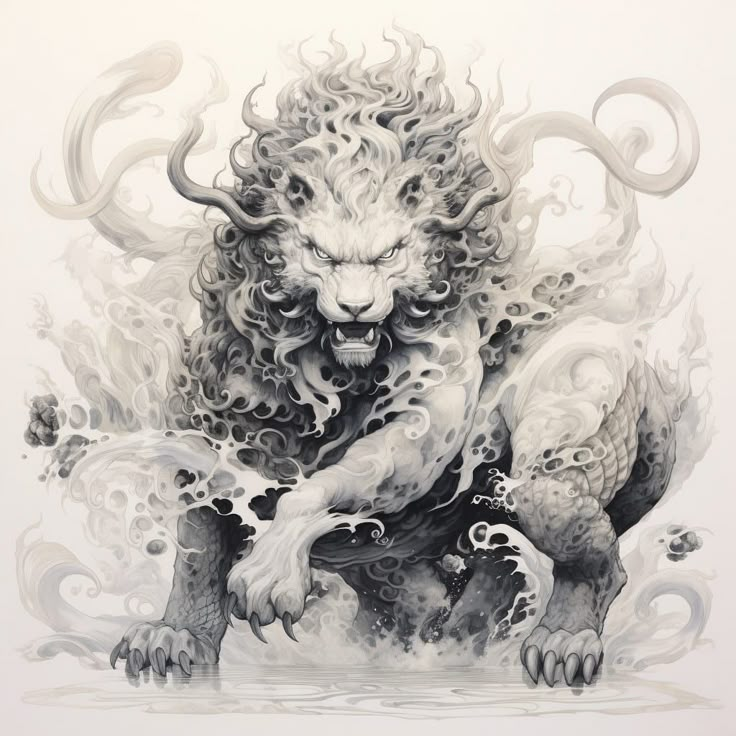 a black and white drawing of a lion with flames coming out of it's body