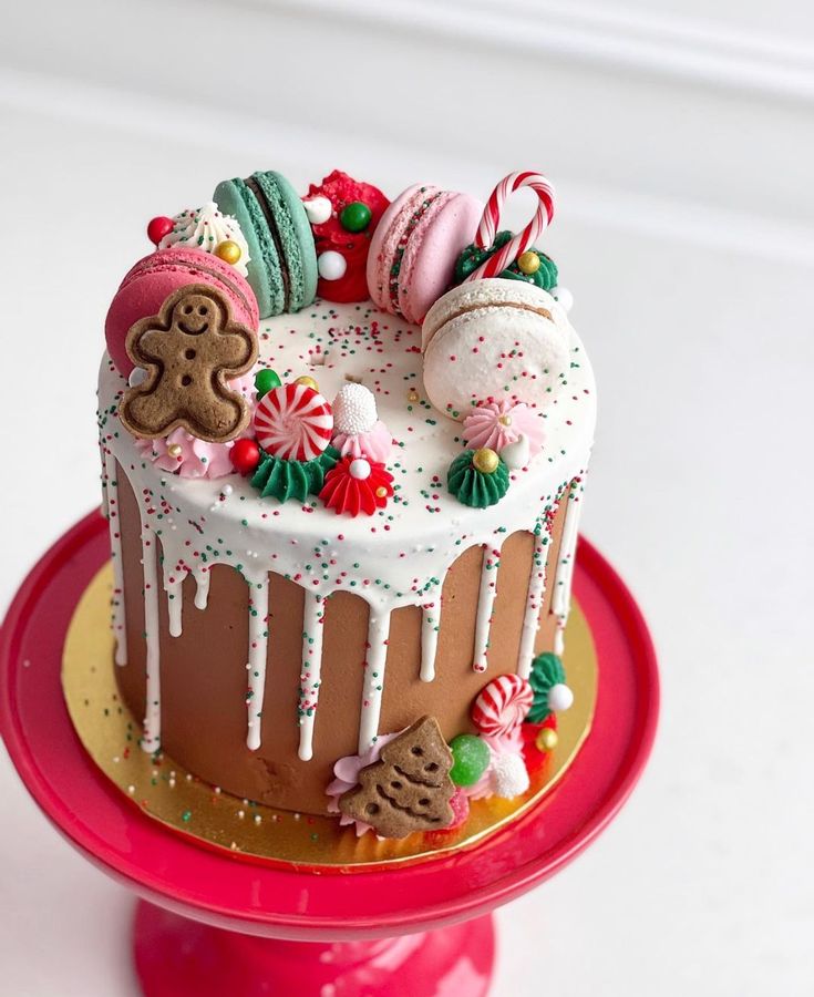 a decorated cake sitting on top of a red plate