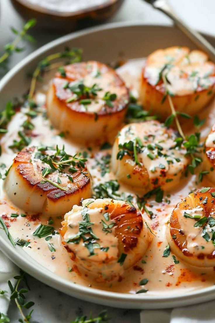 some scallops on a plate with sauce and parsley