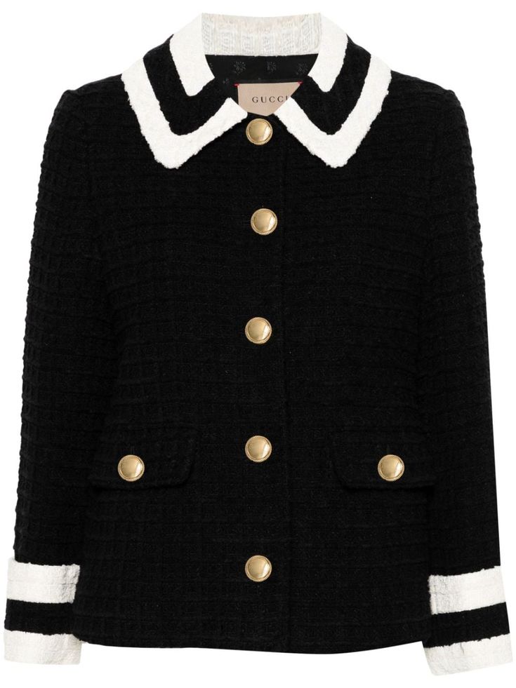 Find GUCCI Contrast-trim Tweed Jacket on Editorialist. black/white cotton blend tweed waffle effect contrasting trim embossed gold-tone buttons pointed flat collar front button fastening long sleeves contrasting cuffs two front flap pockets straight hem floral-jacquard lining Gucci Jacket Women, Gucci Tweed, Tweed Shirt, Black Outerwear, Gucci Jacket, Flat Collar, Versace Outfit, Tweed Skirt, Gucci Black