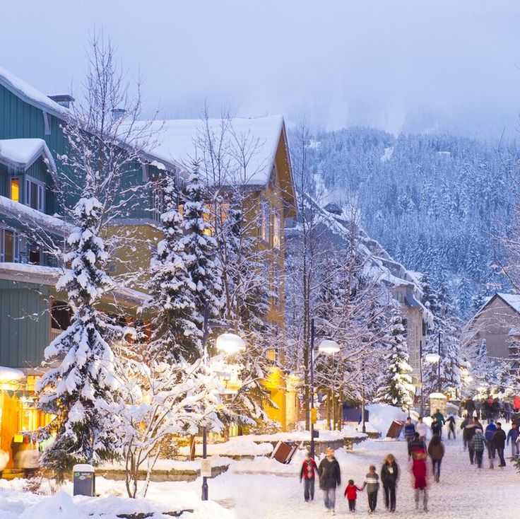 many people are walking in the snow near buildings and trees with lights on them at night