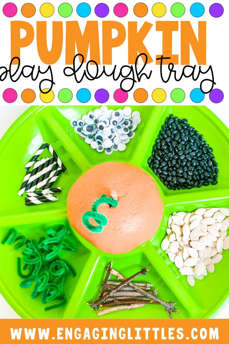 a green plate topped with lots of different types of food and words that read pumpkin day lunch trays