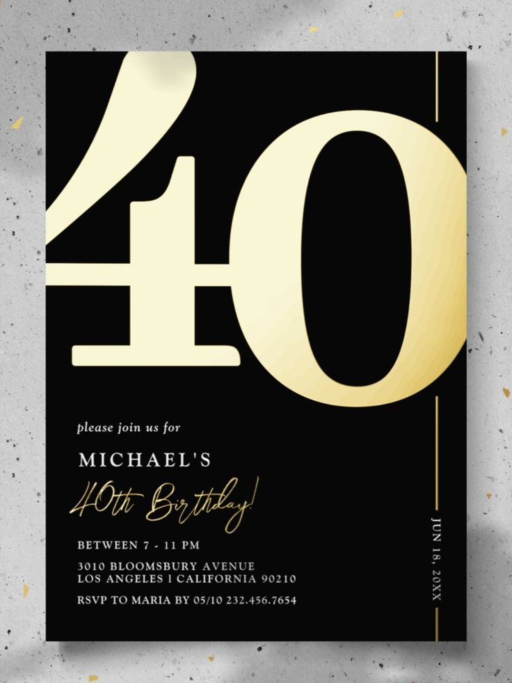 a black and gold birthday party card with the number forty on it's front