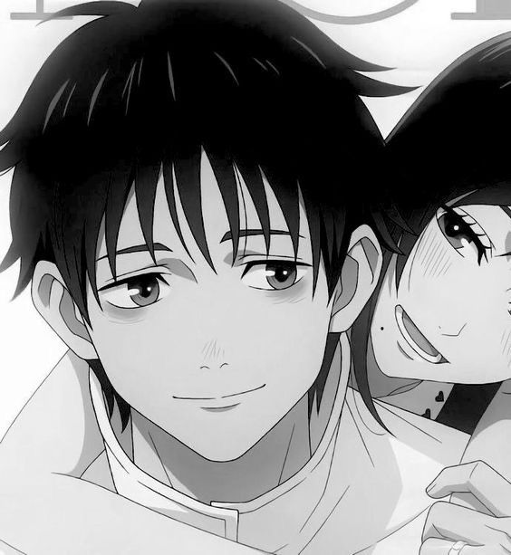 two anime characters with black hair and white shirts, one is looking at the camera