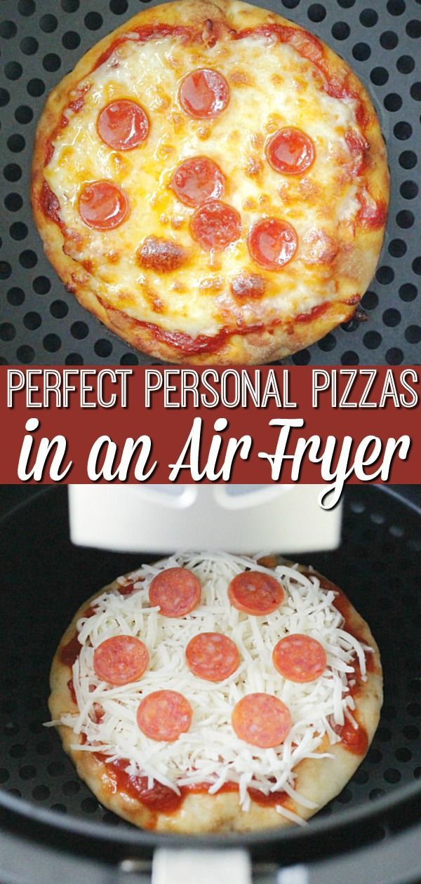 two personal pizzas in an air fryer with the words perfect personal pizzas in an air fryer