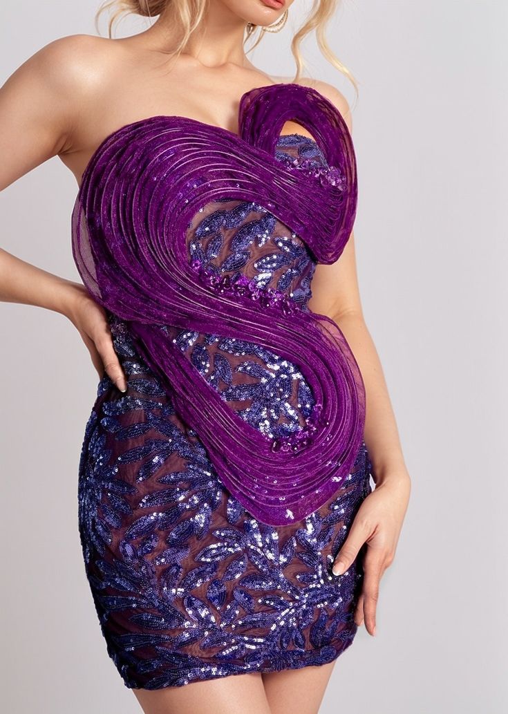 Expertly crafted by hand, the LATASHA Strapless Sequined Dress exudes luxury and glamour. The strapless design highlights the shoulders and neckline, while the abstract flounce detail adds a touch of elegance. Perfect for any special occasion, this mini dress is adorned with shimmering sequins in a rich purple hue. Fabric: Non-Stretch Material: Polyester Fiber *Actual color may vary slightly due to photo lighting and display screen color differences. Couture Strapless Fitted Bodice Dress, Couture Strapless Dress With Fitted Bodice, Strapless Mini Dress For Gala, Couture Strapless Cocktail Dress, Luxury Strapless Dress For Gala, Couture Strapless Evening Dress For Party, Couture Fitted Strapless Evening Dress, Strapless Mini Dress For Evening Gala, Strapless Off Shoulder Dress With Fitted Bodice For Gala