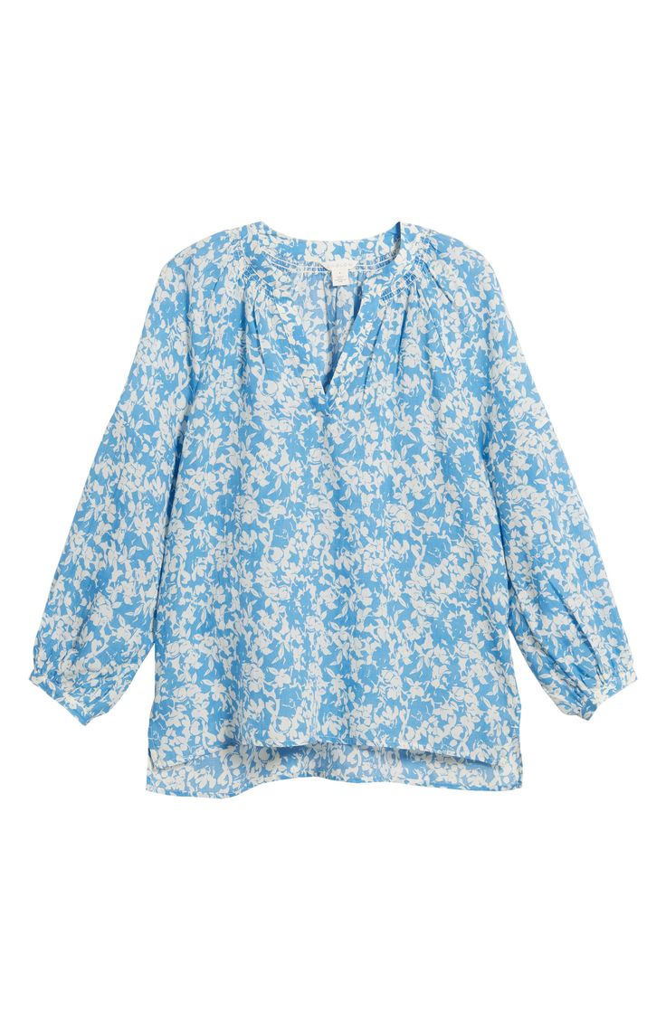 Welcome warm days with this lightweight, floral-print popover top framed by a split neck and billowy balloon sleeves. 23" center front length (size Medium) Split neck Long sleeves 60% ramie, 40% lyocell Machine wash, tumble dry Imported Spring V-neck Peasant Top With Blouson Sleeves, Spring Split Neck Top For Daywear, Chic Floral Print Top With Split Neck, Summer Floral Print Peasant Top With Balloon Sleeves, Casual Floral Print Peasant Top With Lantern Sleeves, Casual Peasant Top With Floral Print And Lantern Sleeves, Feminine Floral Print Top With Split Neck, Fall Vacation Tops With Blouson Sleeves, Chic Tops With Floral Print And Bishop Sleeves