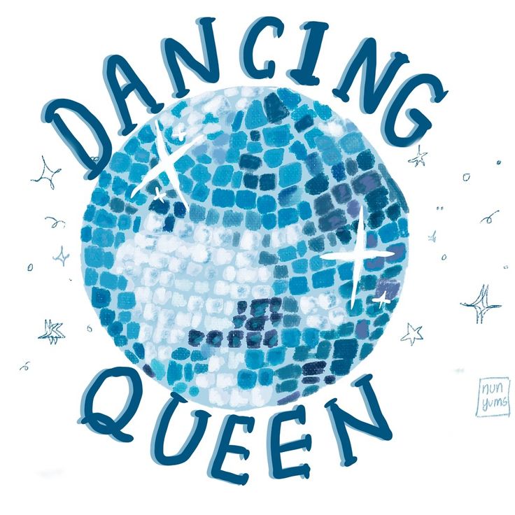 the words dancing queen are written in blue and black letters on a white background with stars