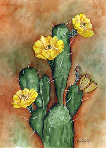 a painting of a cactus with yellow flowers and a butterfly on it's back