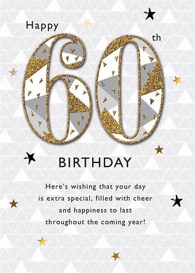 a birthday card with the number sixty in gold and silver, on a white background