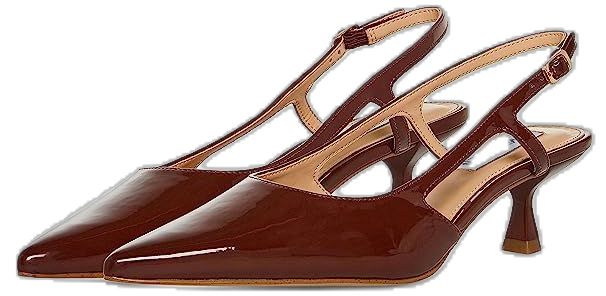 Brown Slingback Pumps With 4-inch Heel For Work, Modern Heels With Heel Loop For Work, Closed Toe Court Shoes With Buckle For Work, Workwear Court Shoes With Buckle Closure And Medium Width, Patent Leather Ankle Strap Heels For Work, Ankle Strap Patent Leather Heels For Work, Brown Slingback Pumps With Buckle For Work, Patent Leather Court Shoes With Heel Strap For Work, Round Toe Slingback Pumps With 4-inch Heel For Work