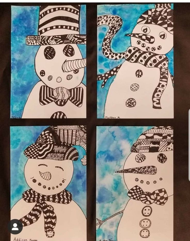 four snowmen with hats, scarfs and scarves