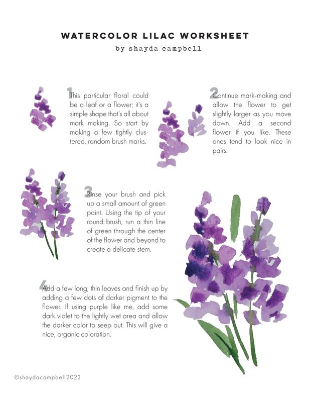 watercolor lilac worksheet with instructions for how to paint lavenders and other flowers