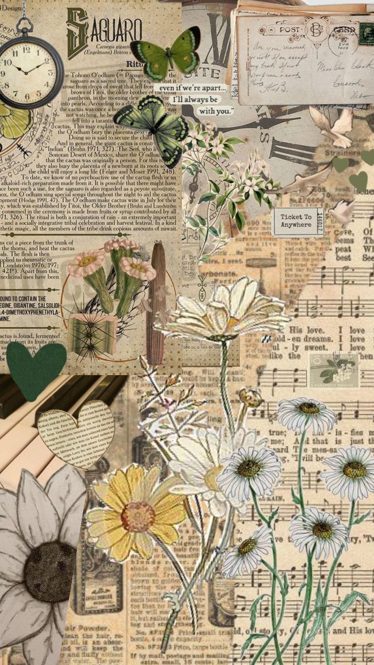 altered photograph of flowers and music notes on an old book page, with the word love written in cursive writing