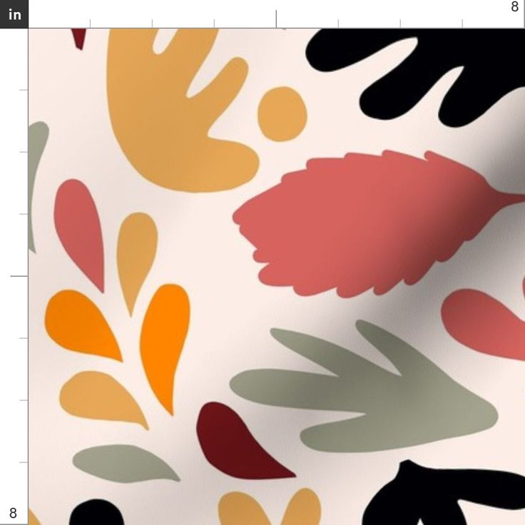 an abstract pattern with many different colors and shapes on white fabric, which is very similar to the color of leaves