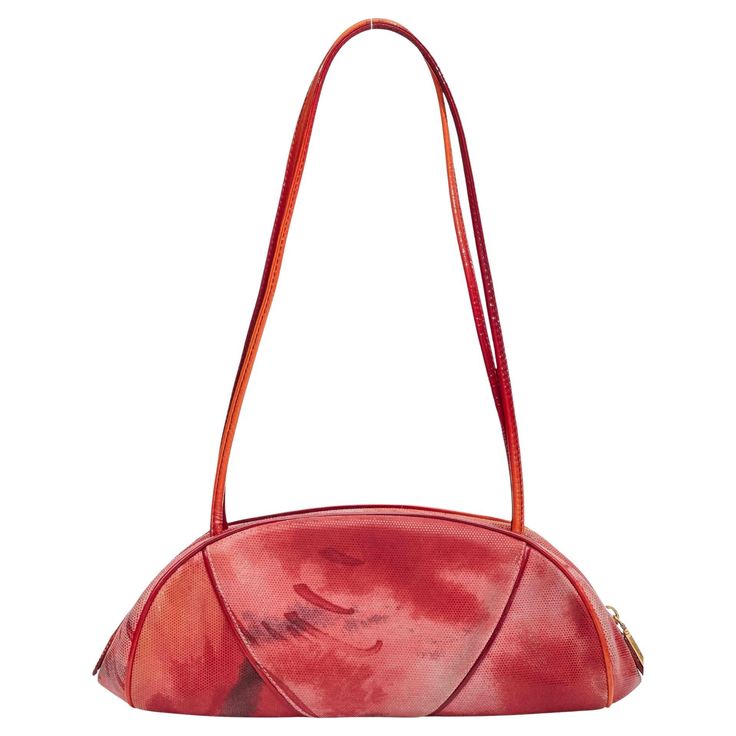 From the 2001 collection. Vintage. Red suede. Gold-tone hardware. Patent leather trim. Dual shoulder straps. Nylon lining. Zip closure at top. Color: Red Material: Suede and textured Date code: MA-0031 Height: 5.25" Width: 11" Depth: 3.25" Shoulder Strap Drop: 11.5” Condition: Very good. Hole in the interior logo flap as this is a runway piece never went into production. Made in France Red Leather-lined Shoulder Bag For Evening, Red Shoulder Bag, Vintage Leather Handbag, Retro Handbags, Interior Logo, Mood Board Fashion, Red Suede, Nylon Bag, Vintage Leather