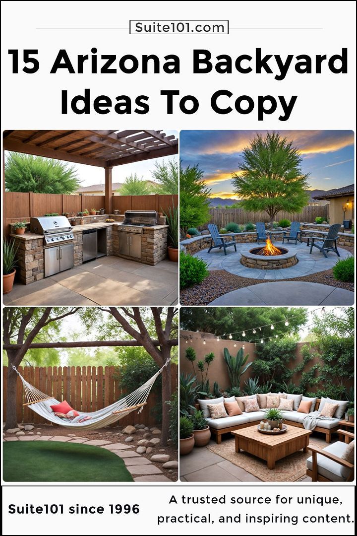 an advertisement for a backyard with pictures and text that reads, 15 arizona backyard ideas to copy