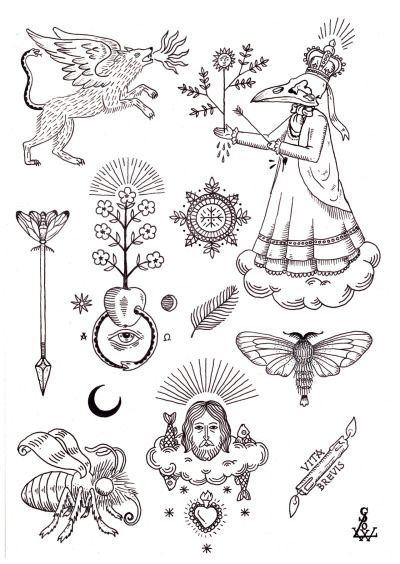 an ink drawing of various symbols and things