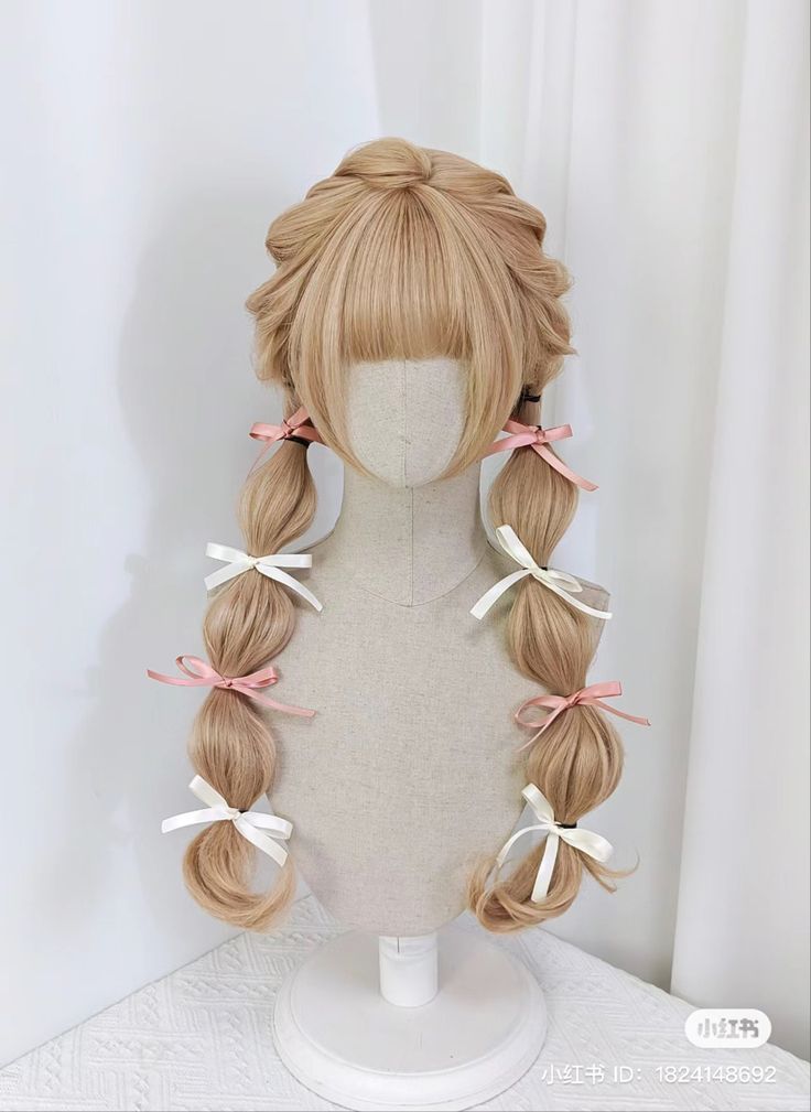 Themed Hairstyles, Cool Hair Designs, Kawaii Wigs, Hair Inspiration Long, Dyed Hair Inspiration, Cosplay Hair, Kawaii Hairstyles, Heart Themed, Ribbon Hairstyle