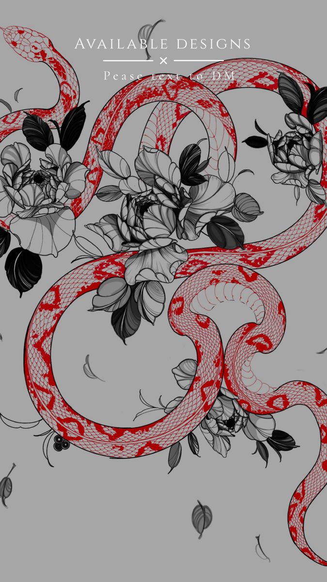 a red snake and flowers on a gray background