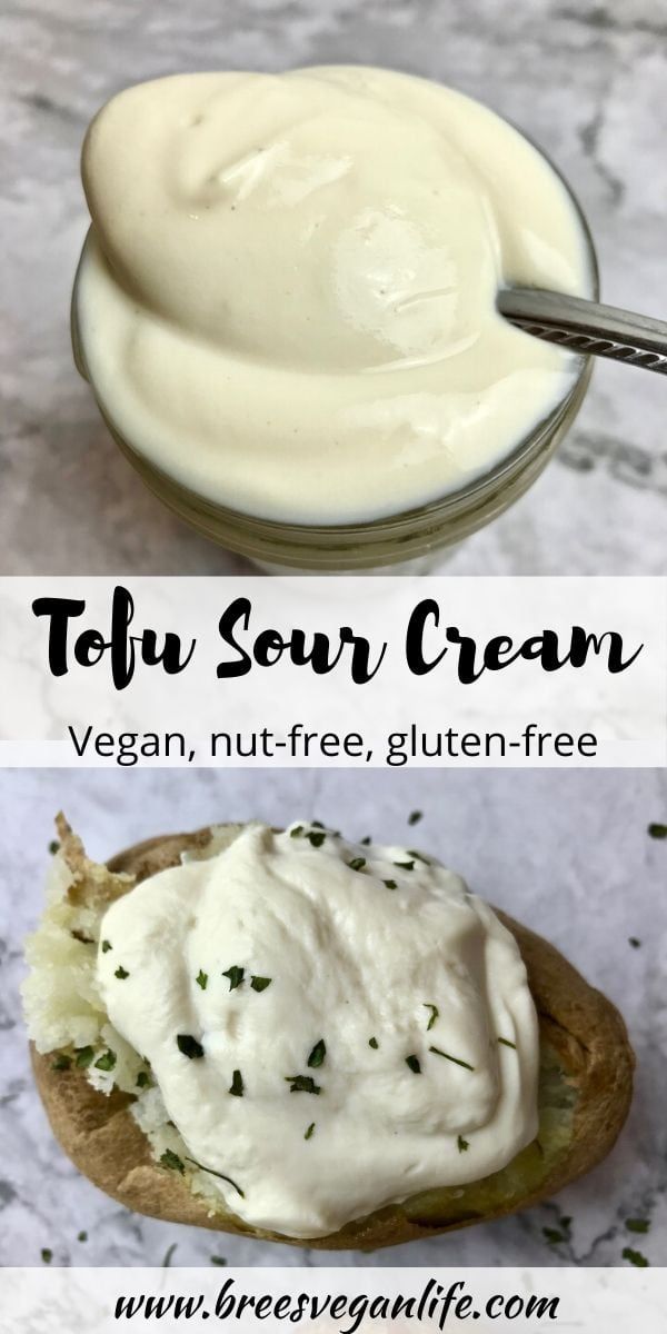 three different types of cream on bread with text overlay that reads tofu sour cream vegan, nut - free, gluten - free