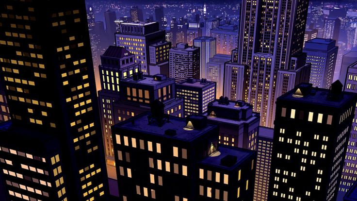 an animated city at night with skyscrapers lit up