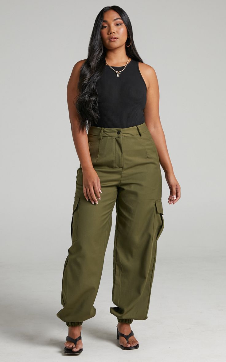 Xyriel Utility Style Cargo Pants in Khaki | Showpo USA Khaki Cargo Pants Outfit, Cargo Pants Outfit Summer, Cargo Pants Outfit Street Style, Green Cargo Pants Outfit, 2023 Clothes, Women's Wardrobe Essentials, Club Attire, Winter Sewing, Style Cargo Pants