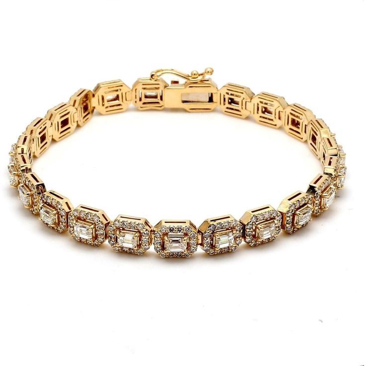 Ninacci 14K Yellow Gold 7 Halo Bracelet with 7.10 Carat Total Diamond Weight Emerald Cut and Round Diamonds Halo Bracelet, Tennis Style, Pure Elegance, Romantic Dinner, Charm Making, Emerald Cut Diamonds, Emerald Cut, Timeless Beauty, Prong Setting