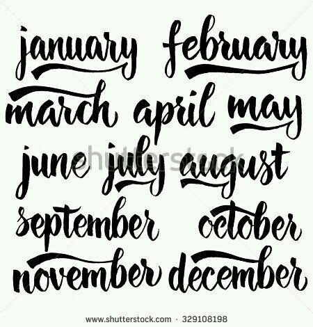 months of the year handwritten in black ink on white paper, with brush lettering