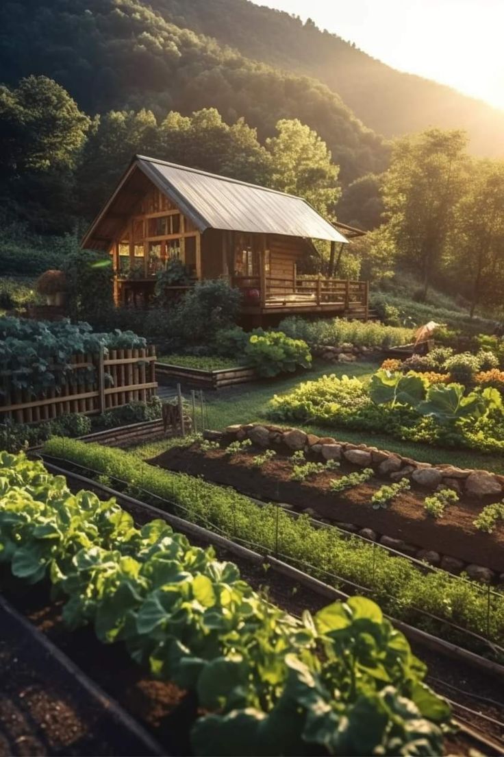 an outdoor garden with lots of green plants and trees in the background, surrounded by mountains