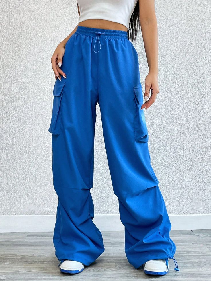 Women's Solid Color Elastic Waist Pocket Casual Pants, For Everyday Wear Royal Blue Casual   Woven Fabric Plain Cargo Pants Non-Stretch  Women Clothing, size features are:Bust: ,Length: ,Sleeve Length: Indigo Outfit, Royal Blue Pants, Pants Embellished, Minimalist Wardrobe Capsule, Blue Cargo Pants, Drawstring Waist Pants, Corduroy Coat, Pastel Outfit, Blue Trousers