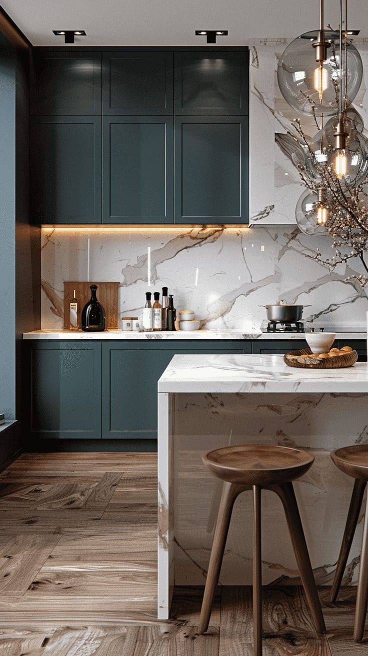 a kitchen with marble counter tops and wooden stools in front of an island that's surrounded by blue cabinets