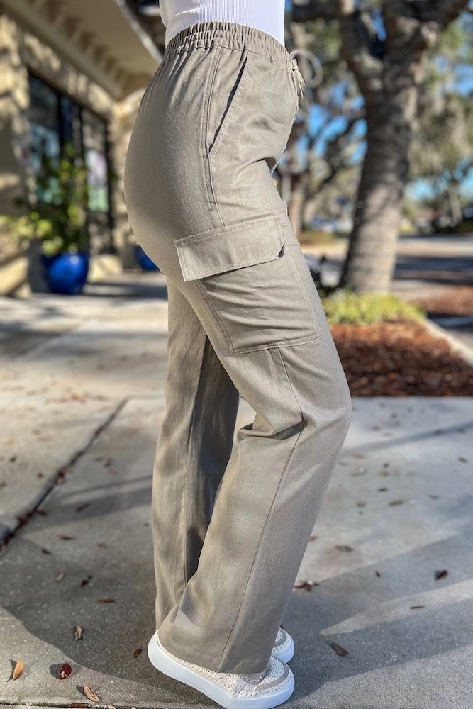 Cargo Linen Pants | Sophie & Trey Fitted Straight Leg Bottoms With Pockets, Khaki Workwear Pants With Pockets, Khaki Pants With Pockets For Work, Stretch Cargo Style Mid-rise Bottoms, Mid-rise Stretch Pants With Cargo Pockets, Mid-rise Stretch Cargo Bottoms, Khaki Workwear Bottoms With Pockets, Utility Bottoms With Side Pockets For Day Out, Stretch Mid-rise Cargo Style Bottoms