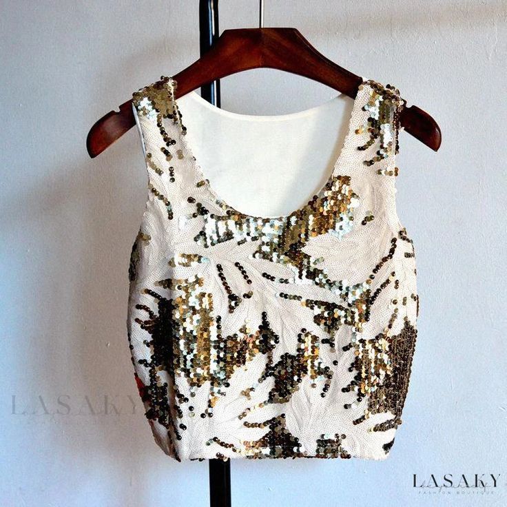 Lasaky - Color-Blocking Shimmering Vest Camisole as a Stylish Base Layer Top Sequin Vest, Cheap Tank Tops, Boho Tank Top, Vest Crop Top, Sequin Tank, Sequin Tank Tops, Tank Top Camisole, Color Contrast, Cropped Tank Top