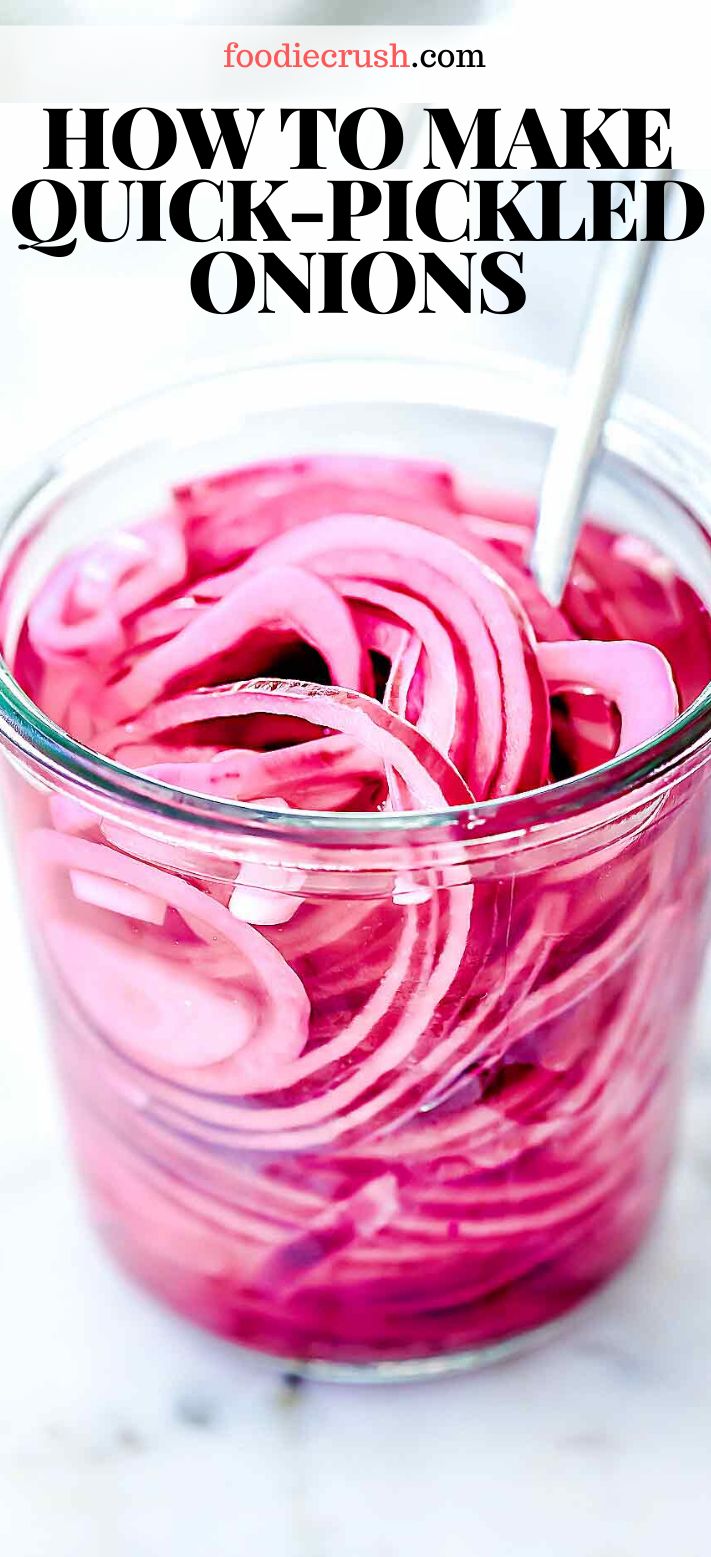 red onions in a glass bowl with the title how to make quick pickled onions