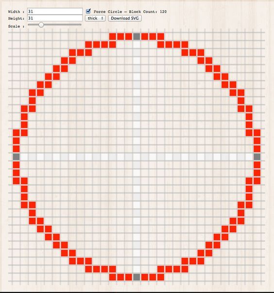 a cross stitch pattern with red squares in the middle and white circles at the bottom