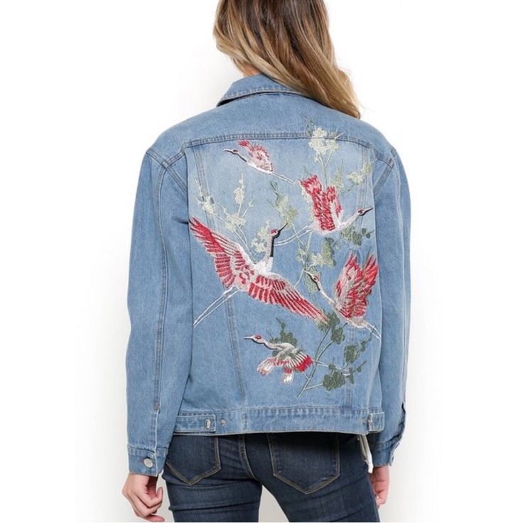 This Beautiful Embroidered Denim Jacket Works So Many Ways! Designed With Great Bright Colored Birds And Leaves, 100% Cotton, Slightly Oversized. Wear It Over Your Favorite Maxi Dress Or Jumpsuit! *Color May Vary Slightly Due To Image, And Screen Lighting* ** In Stock Ships Next Bus Day* Trendy Floral Embroidered Denim Jacket For Spring, Embroidered Denim Outerwear With Relaxed Fit, Embroidered Relaxed Fit Denim Jacket, Relaxed Fit Embroidered Denim Outerwear, Trendy Embroidered Outerwear For Spring, Casual Pink Outerwear With Floral Embroidery, Trendy Embroidered Spring Outerwear, Casual Floral Embroidery Denim Jacket, Trendy Denim Blue Outerwear With Floral Embroidery