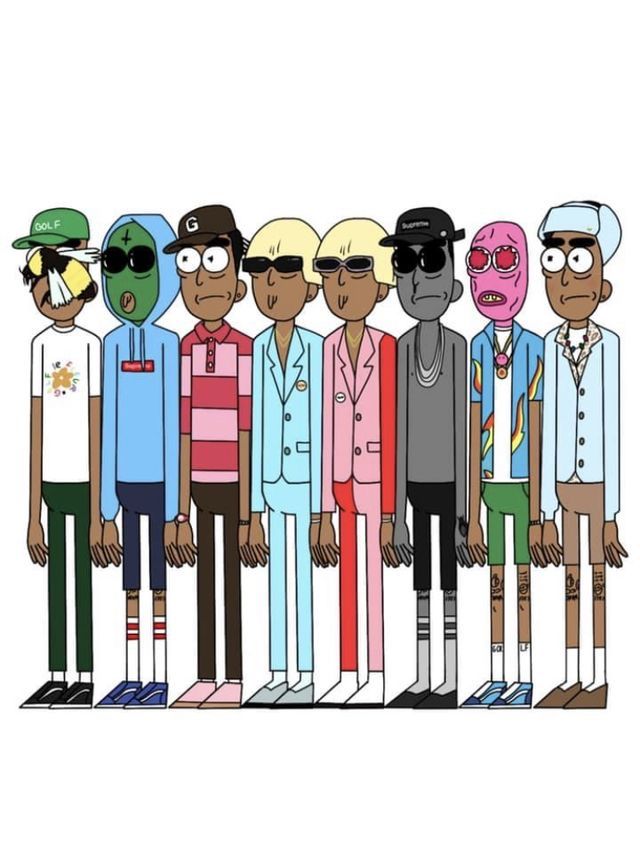 the cartoon characters are all wearing different colored clothes and sunglasses, with one person standing in front of them