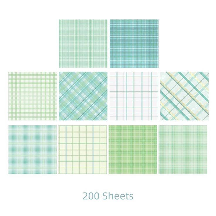 various plaid patterns are shown in green and blue colors, with the words 200 sheets below them